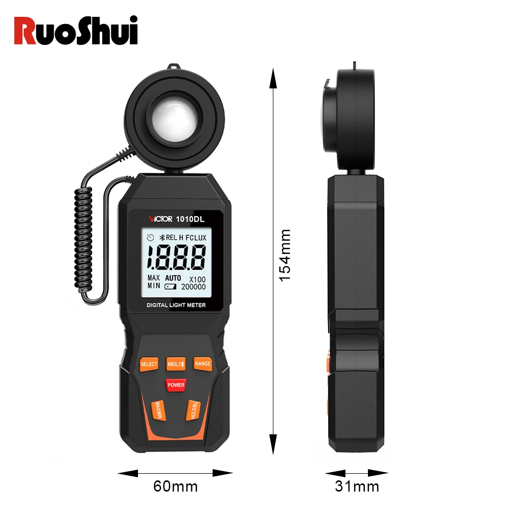 RuoShui 1010D Digital Light Meter Max 200,000Lux Luxmeter Luminance Lux Fc Test Illuminometers Photometer Auto LCD Illuminometer