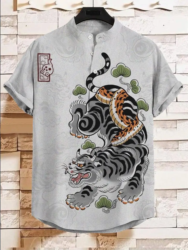 2024 Amazon Hot Selling Bamboo and Hemp 3D Digital Heat Transfer Printing 3-Button Fashion Casual Short sleeved Shirts Men\'s Clo