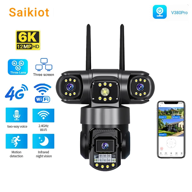 Saikiot V380Pro 4G SIM Card PTZ Camera 12MP 3 Lens 3 Screen WIFI IP Camera Auto Tracking Outdoor Smart Wireless Security Camera