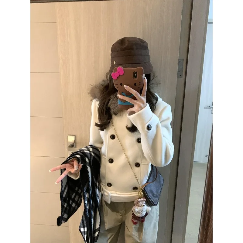 المشمش الأكسجين النسيج اللغة المتخصصة تصميم تحسس مزدوجة الصدر مقنعين معطف الصوف الشتاء ضوء المشمش معطف الصوف #2