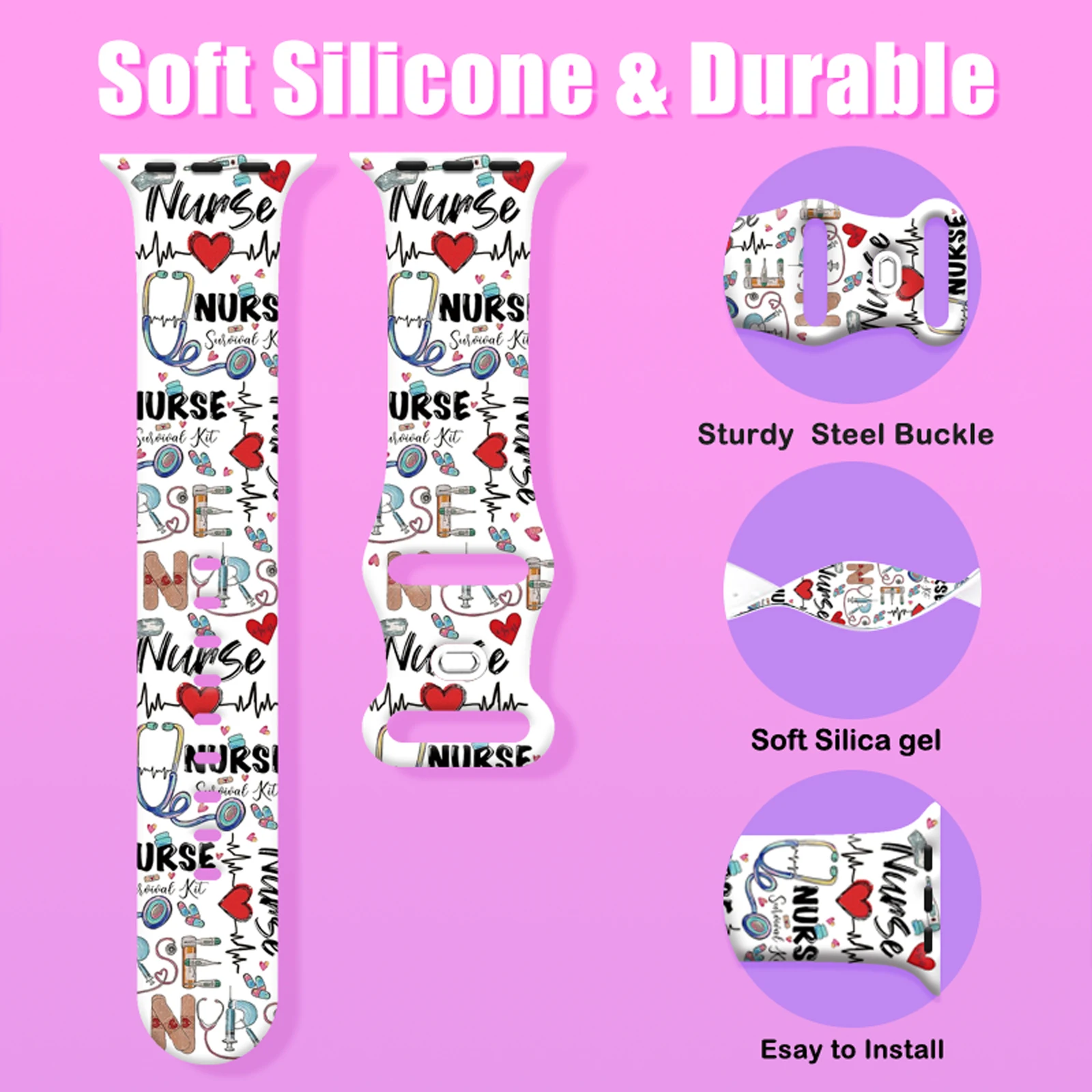 Nurses' Day Printed Strap for Apple Watch 10 9 8 7 6 Silicone Band Replaceable Bracelet for iWatch 46mm 44mm 42mm 41mm Watchband - Image 2