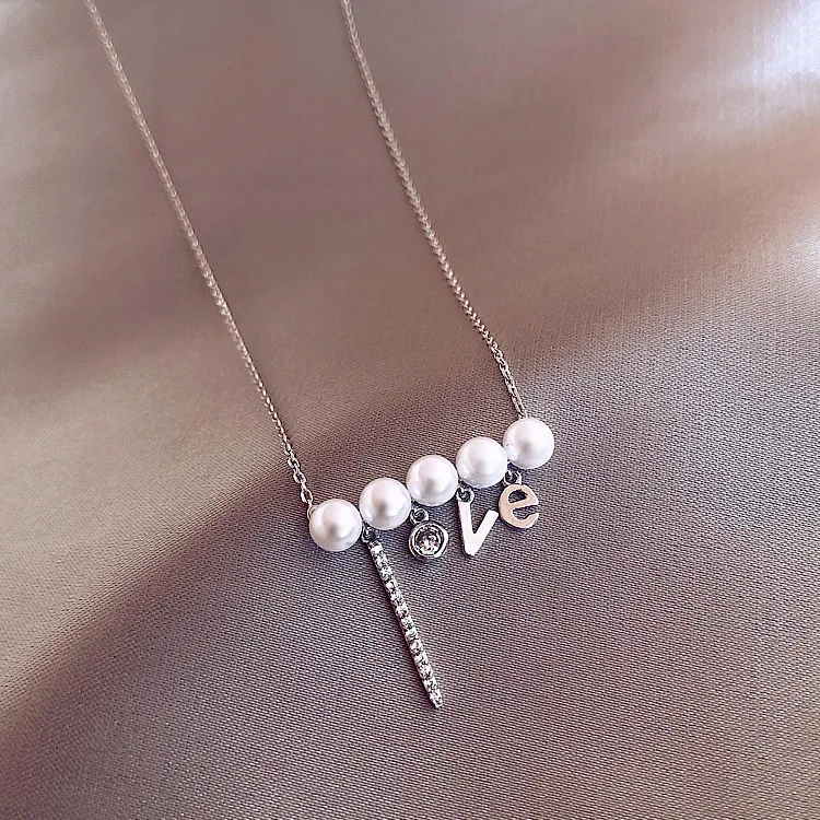 Newly LOVE Letter Pendant Single Row Pearl Necklace Women's Clavicle Chain 925 Silver Fashion Jewelry Party Birthday Gift