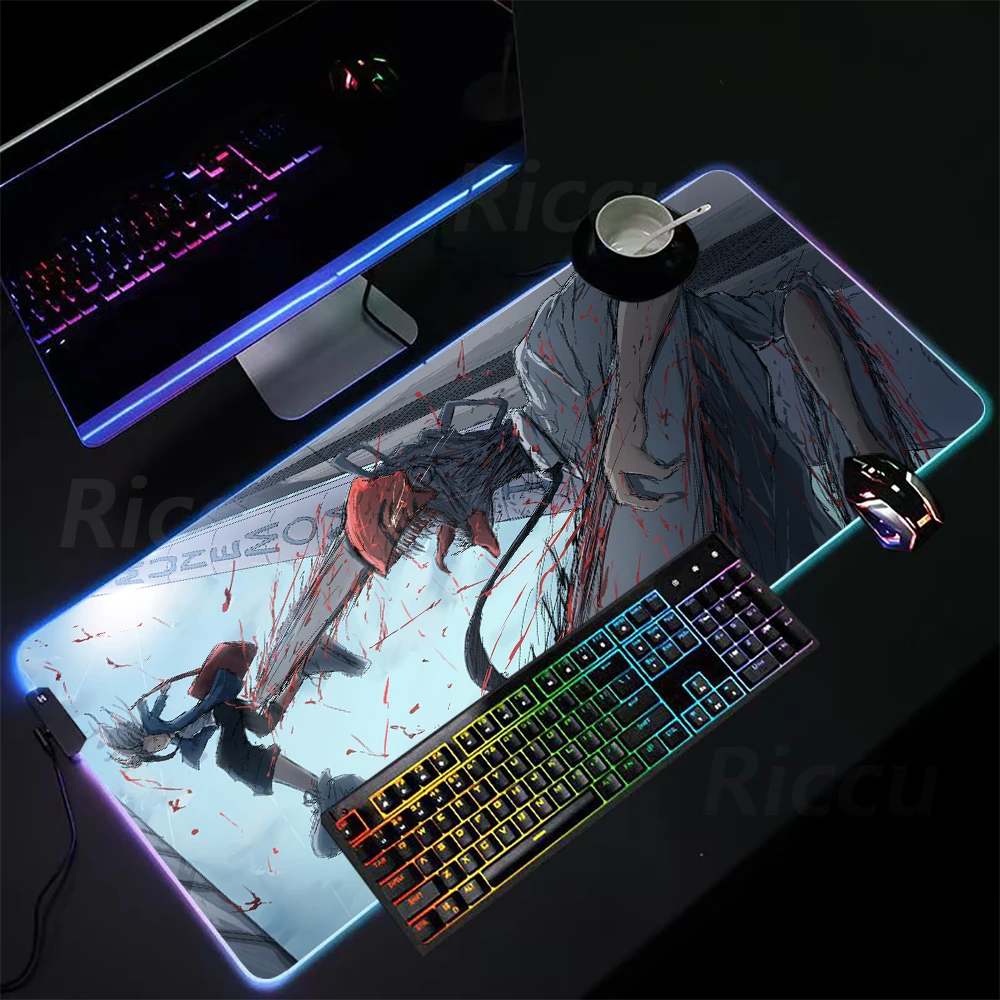 

Hot selling item Chainsaw Man Anime LED mouse Pad Table mat HD print RGB Mouse Pad Desktop Large size game accessories mouse pad