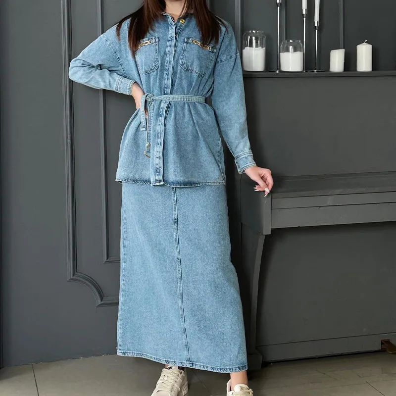 Two Piece Skirt Sets Women High Waist Long Denim Skirts Button Full Sleeve Splice Jeans Coats Pocket Lace Up Loose Fit