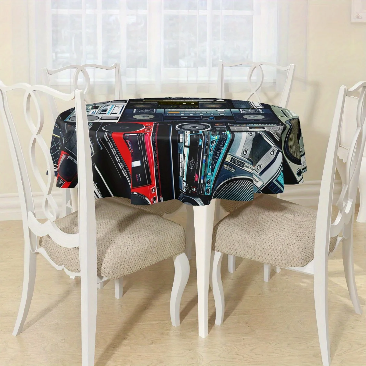One vintage 90s hip-hop themed tablecloth featuring vibrant designs of a radio, cassette player and amplifier patternsxzj