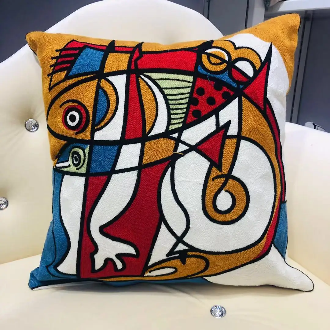 

High Quality Funda De Cojin Picasso Abstract Embroidered Pillow Cover Canvas Single-sided Sofa Embroidery Cushion Cover