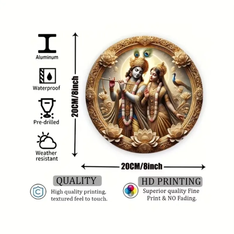 Radha Krishna Peacock Lotus Art 2D Round Metal Tin Sign, Indian Religious Golden Frame Iron Plaque, Spiritual Home Wall Decor Gi