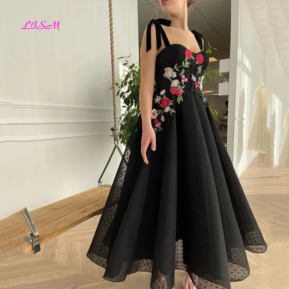 

Black Floral Lace Appliques Dot Tulle Prom Dress Bow Straps A-Line Draped Sweetheart Evening Gowns Ankle Length Party Dresses