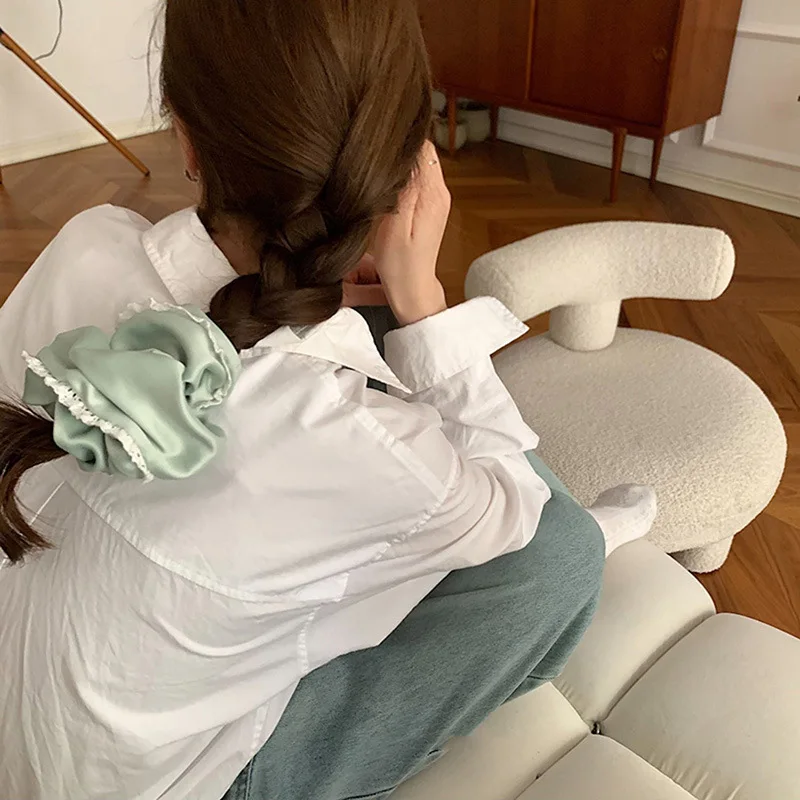 Korean New Fresh Green Lace Girly Scrunchie Large Ruffled Hair Accessory Vintage Ballet-Style Satin Elastic Hair Rope