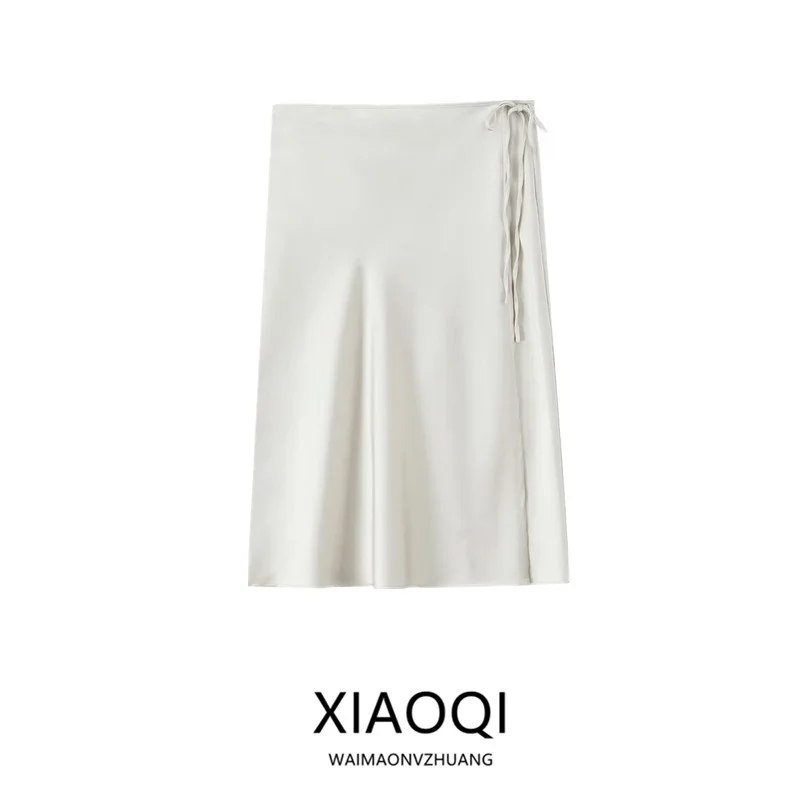 Saia Midi de Cintura Alta em Cetim de Seda Moda Fena Nova Chegada Verão 2025 Saia de Gaiola de Chiffon Qualidade E...