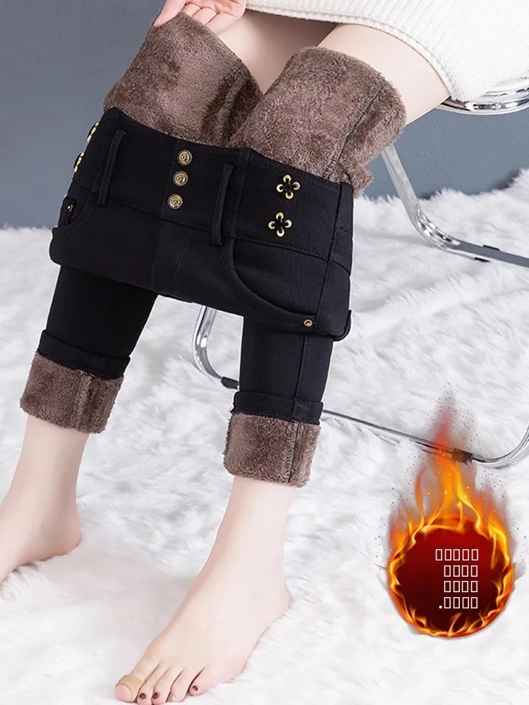 

Bla Fce Lined High Waist Thiened Pencil Pants Women's Base Layer Trousers Autumn Winter New Sle Warm Outerwear