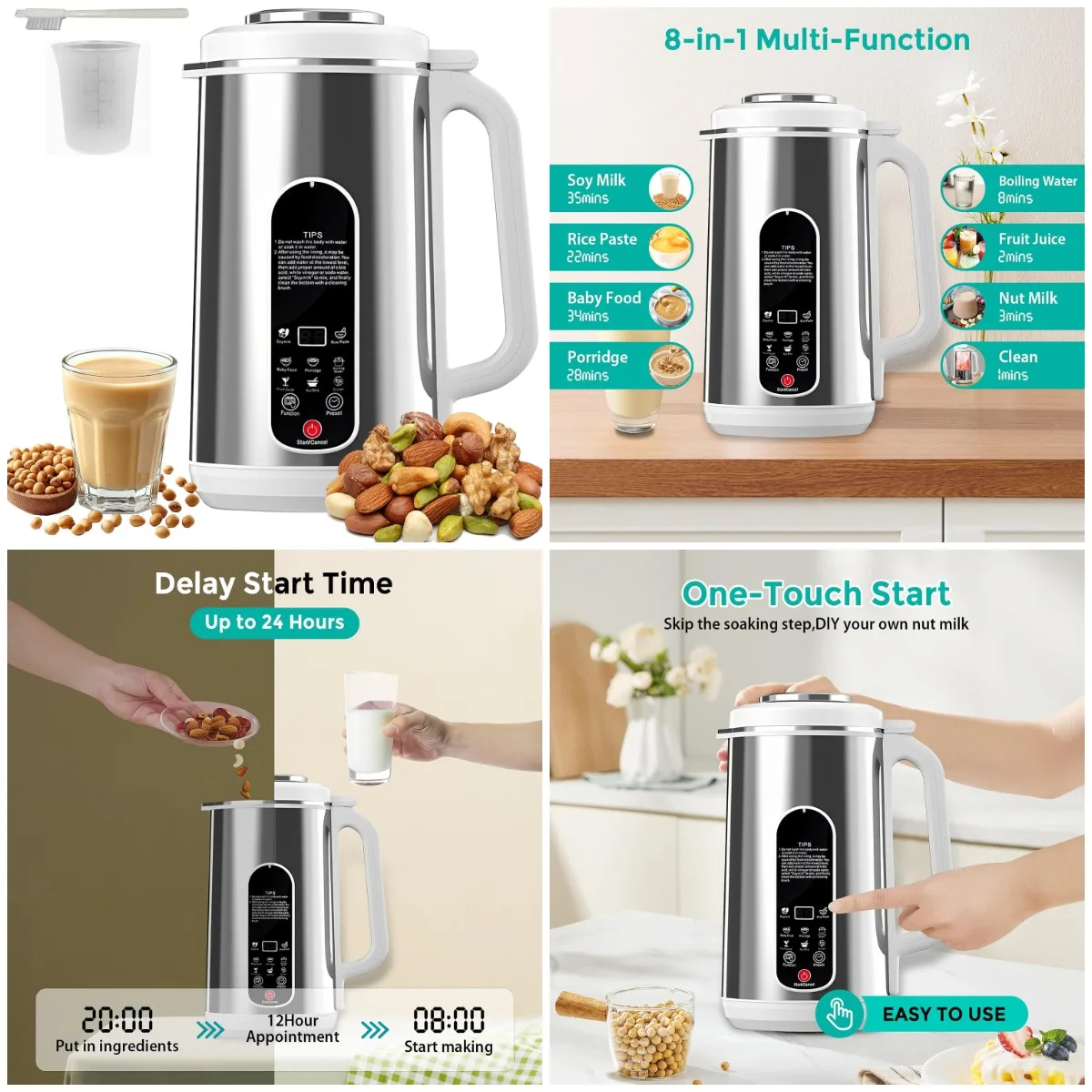 Máquina de Leche Vegetal 1200ML, Automática para Soja, Avena, Almendras, Yogur, con Inicio Diferido y Mantenimiento Térmico