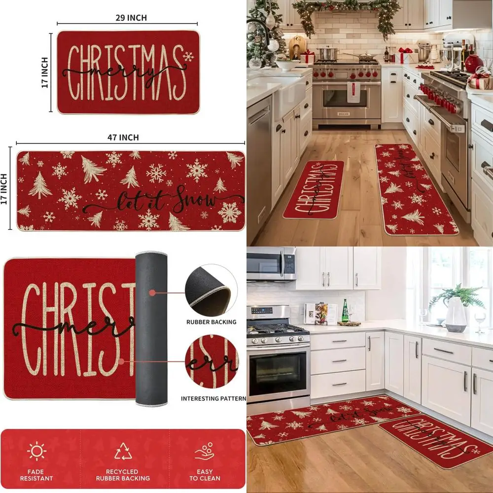 

Christmas Snowflake Kitchen Mats Set, Festive 17x29 & 17x47 Inch Low-Profile Rugs for Winter Decor