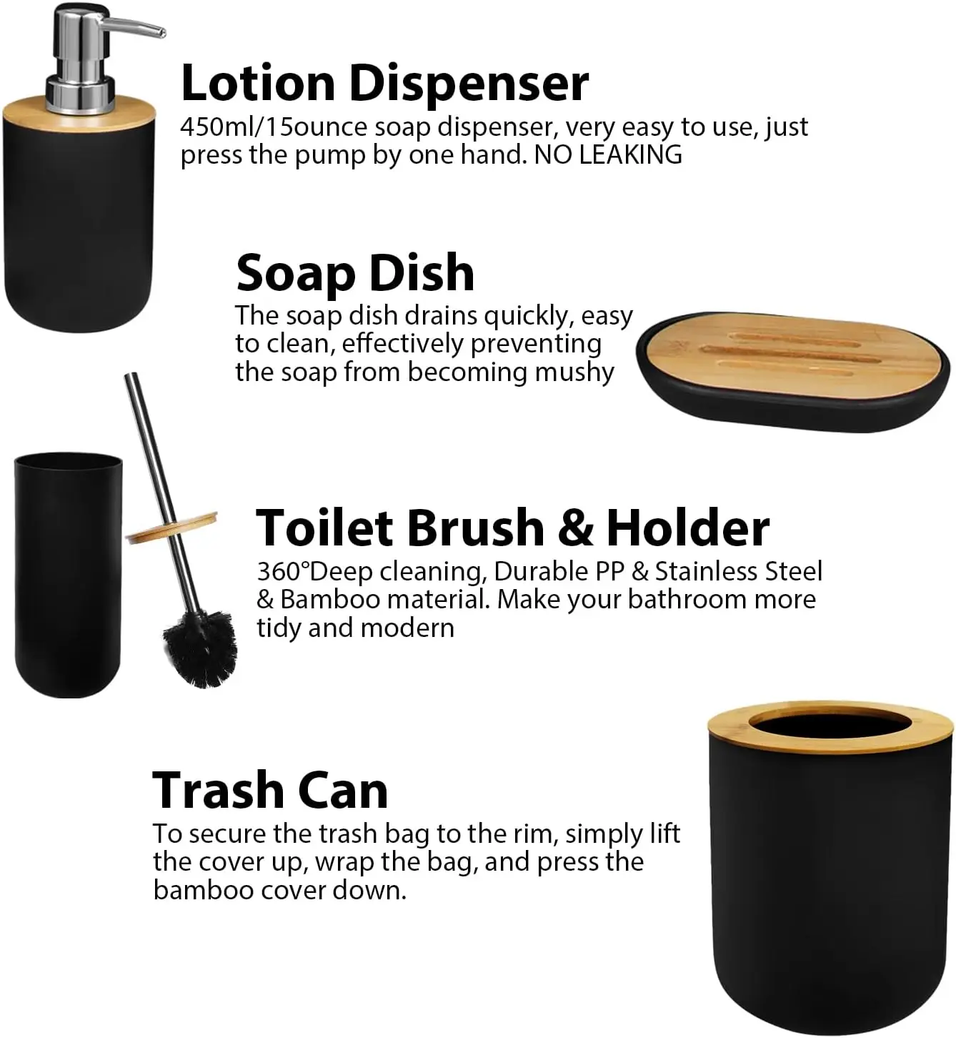 Plastic Bamboo Bath Ensemble Kit, Lotion Dispenser, Toothbrush Holder, Cup Trash Can, Bathroom Decor, Bathroom Accessories Set