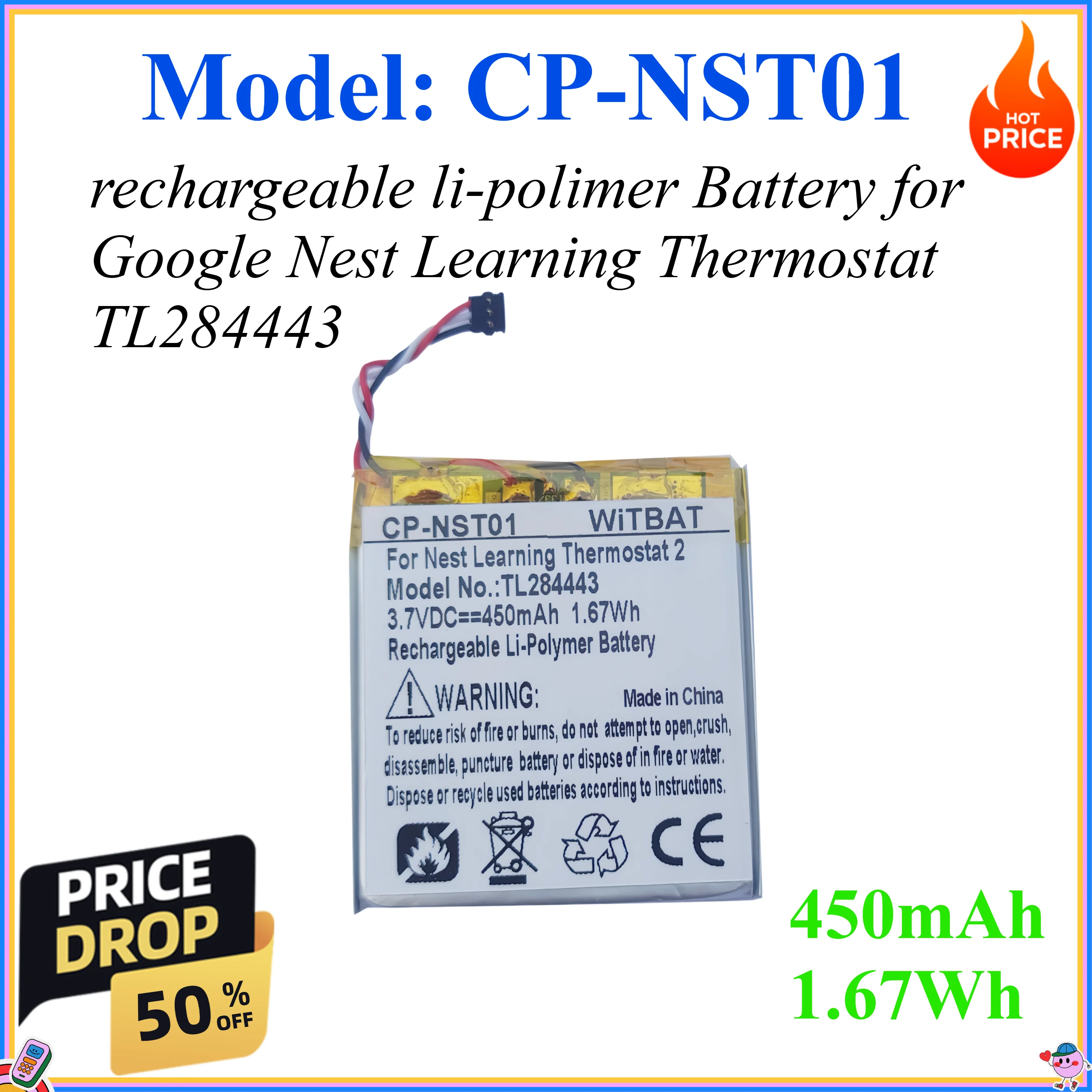 

450mAh 1.67Wh rechargeable li-polimer Battery for Google Nest Learning Thermostat TL284443