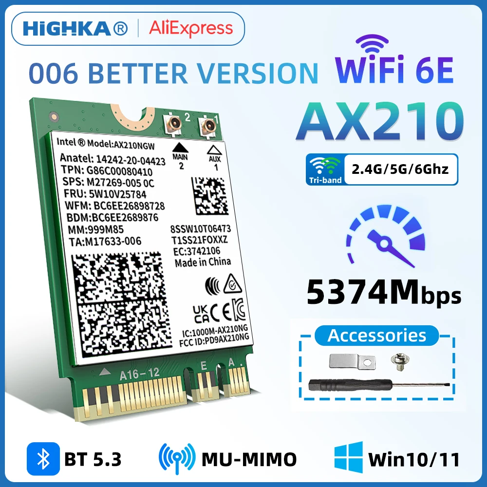 Трехдиапазонная Wi-Fi карта AX210NGW WiFi6E 6 ГГц, сетевая карта Bluetooth 5,3, беспроводной модуль intel AX210 для ноутбука M.2 NGFF