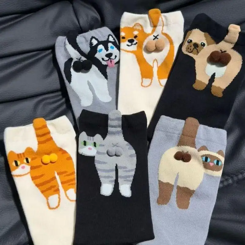 1/2 زوج الحلو الكلب البيض تصميم جوارب قطنية شيك المرأة لوليتا متماسكة العجل الجوارب المطبوعة القط الخلفي القط بومس زوجين جورب