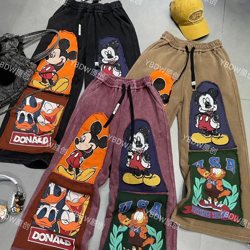 

Heavy Craft Washed Cartoon Patchwork Wide-leg Sweatpants Ladies Versatile Casual Loose Floor-length Trousers 3 Colors Can Choose