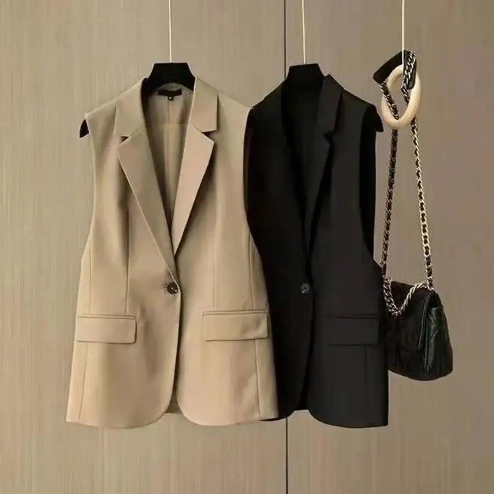 Women Blazer Vest Sleeveless Turn-down Collar Female Long Vest Office Ladies Blazer Sleeveless Suit Jacket Casual Short Blazer