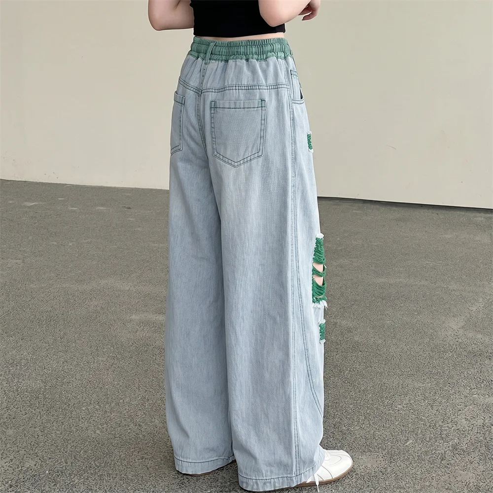 2026 Teenage Girls Hole Wide Leg Pants Fashion Loose Street Ripped Jeans for Kids Clothes 10 12 14 Year School Children Trousers