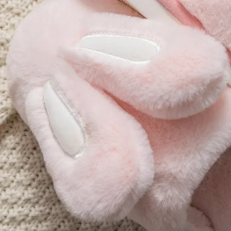 Women Men Winter Warm Slippers Cartoon Rabbit Furry Thick Soled Slippers Home Cotton Shoes Couples Non-Slip Faux Fur Slides