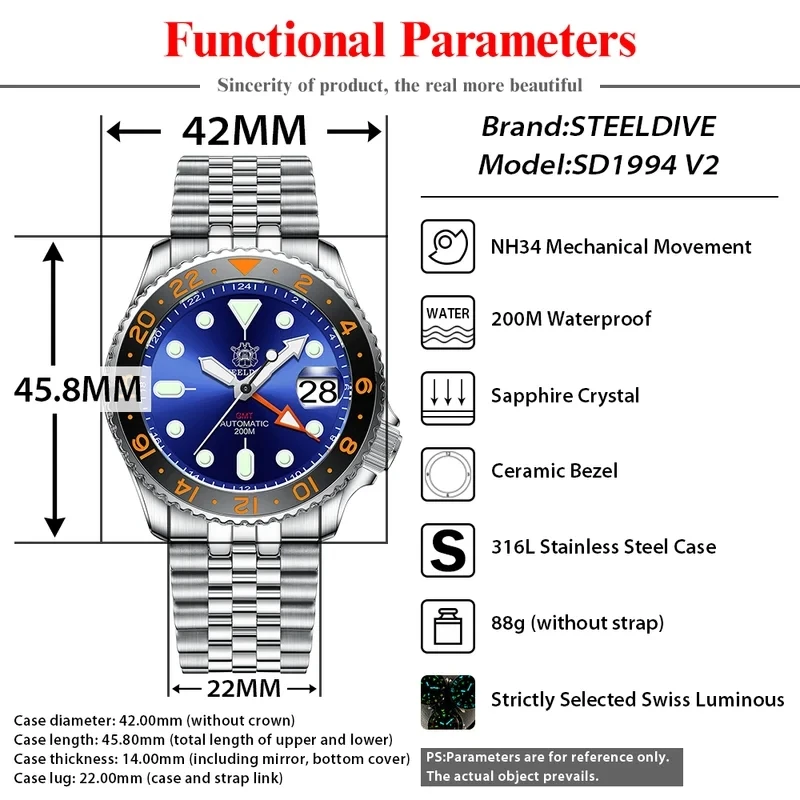 STEELDIVE SD1994 GMT Mechanical Watch Ceramic Bezel NH34 Movement Swiss Super Luminous 20Bar Waterproof Luxury Dive Wristwatches