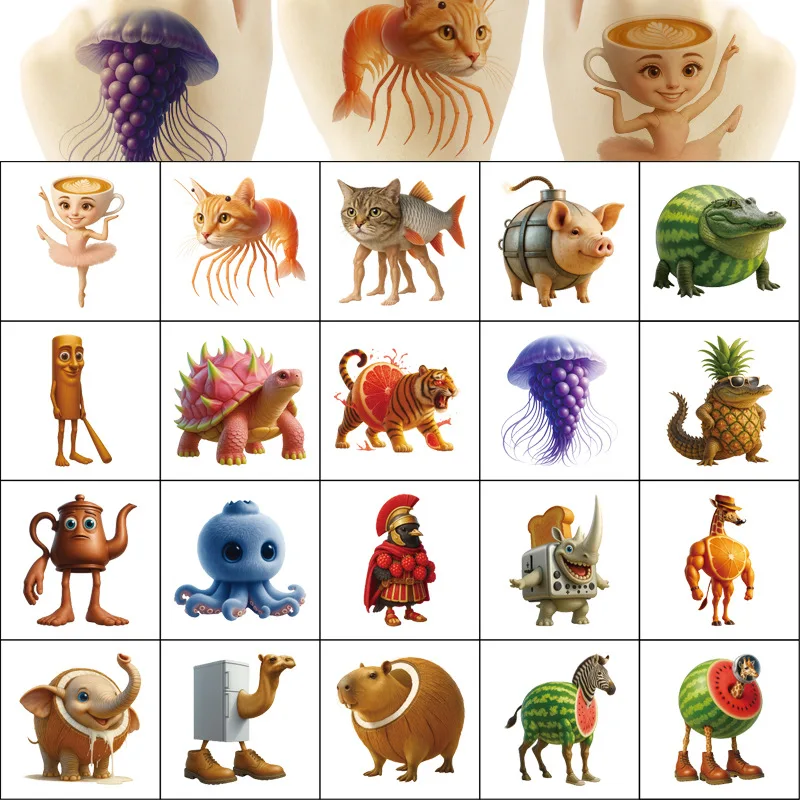 20 stks Abstract Tung Sahur Italiaanse Brainrot Tattoo Stickers Grappige Dieren Tijdelijke Nep Tatoeages Cartoon Arm Gezicht Body Art