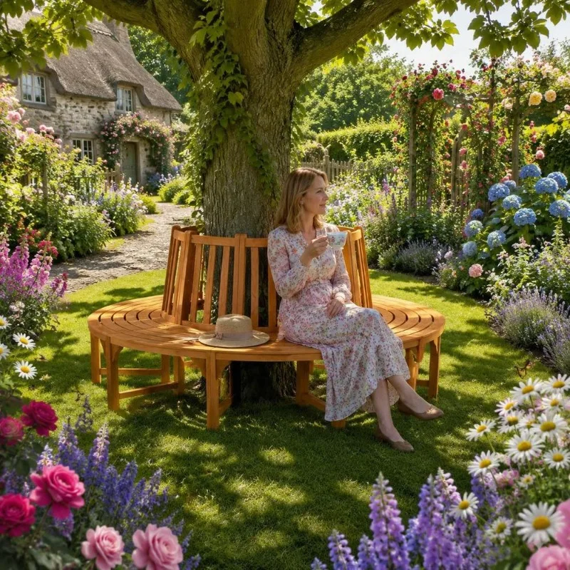 Banc Semicirculaire pour Arbre Ø 208 cm, en Bois Massif d'Eucalyptus Naturel avec Design Enveloppant, Siège Confortable avec Dossier, Résistance Élevée Jusqu'à 110 kg par Place, Idéal pour Jardin, Terrasse et Plus Encore