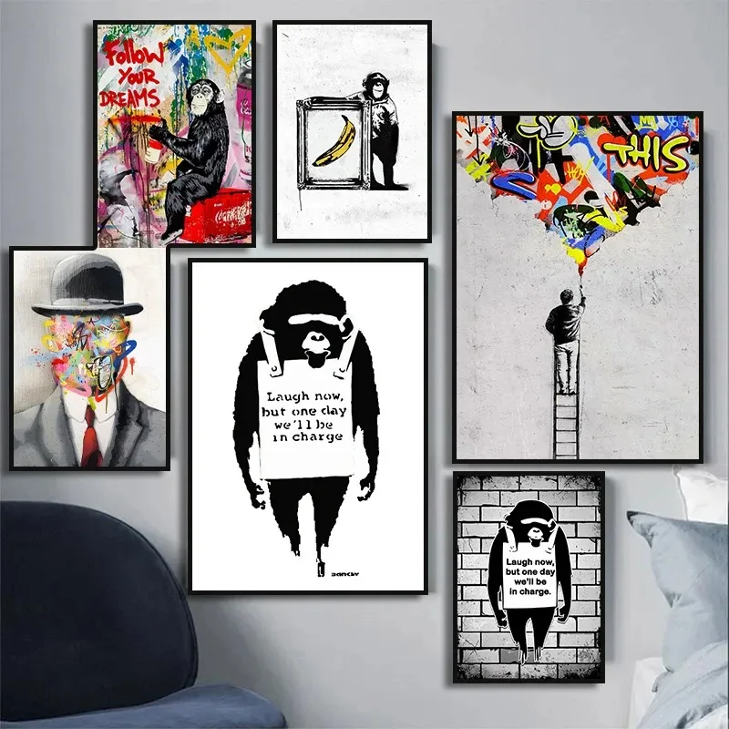 Banksy Street Graffiti Decorative Canvas Painting Girl with Balloon Follow Your Dreams Monkey Art Poster PrintsRoom Wall Decor