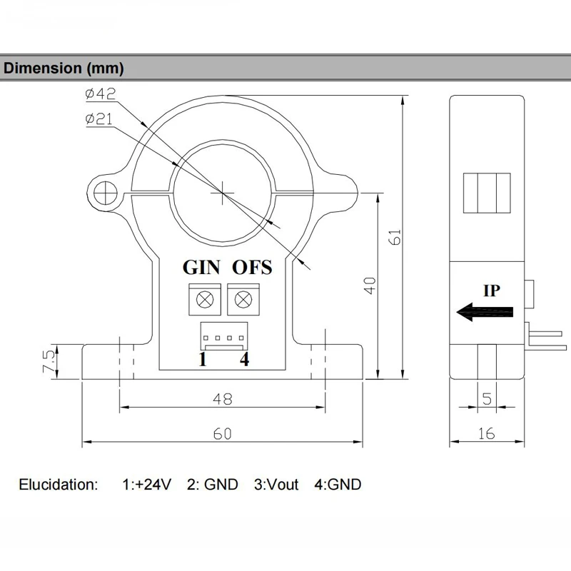 Transductor de corriente de núcleo dividido QNDBK1-21 Entrada AC 50A 100A 200A 300A Salida 5V 10V DC PWR + 24V ct sensor de corriente hall