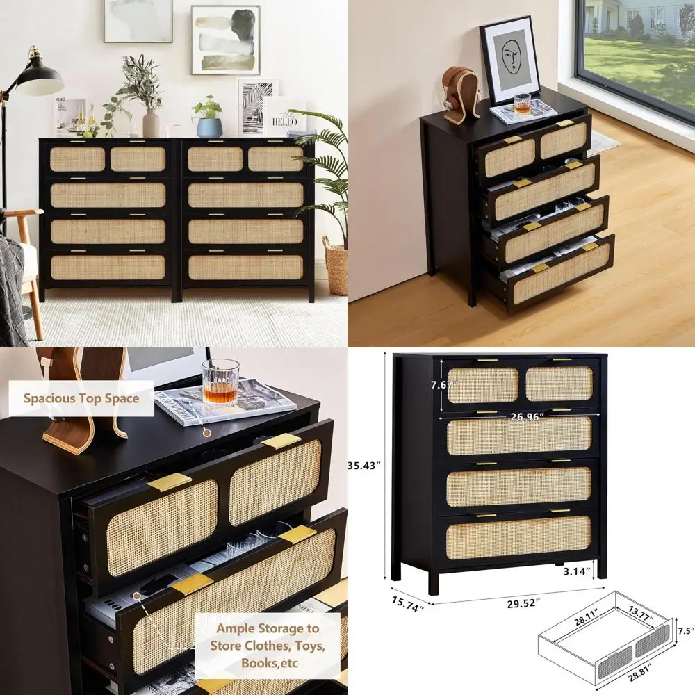 مجموعة من خزائن خشبية من الروطان بمقابض معدنية وخزائن تخزين لغرفة النوم #1