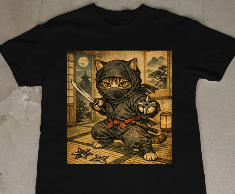 Cool Ninja Cat Graphic Short Sleeves T-Shirt Cute Aesthetic Cat Lover Samurai Warrior Funny Trendy Casual Gift Tee Top Versatile