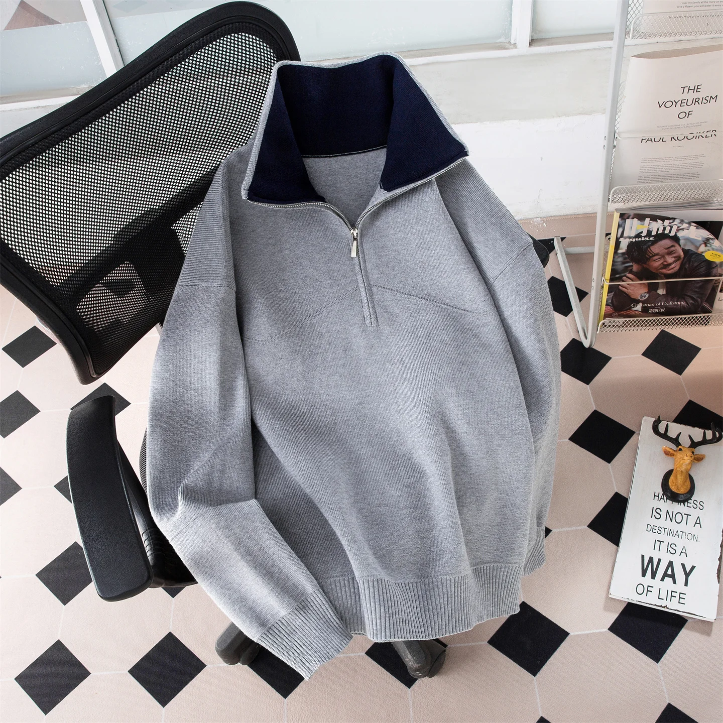 

Новый осенне-зимний мужской вязаный свитер с высоким воротником на молнии в корейском стиле, теплый, элегантный, с цветными вставками, пуловер
