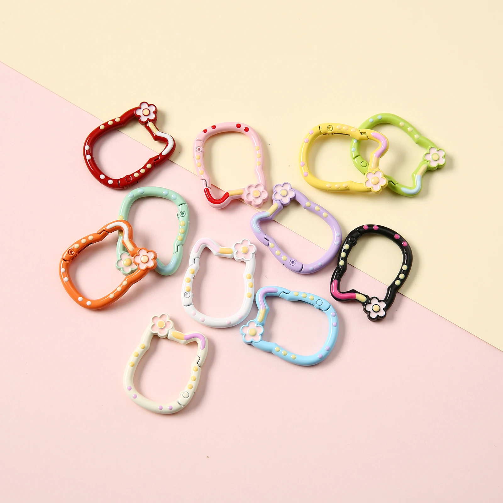 Kawaii Cat Ear with Flower Spring Ring Clasps, Colorful Enamel Openable Key Rings for DIY Crafts, Bag Charms & Keychain Accessor
