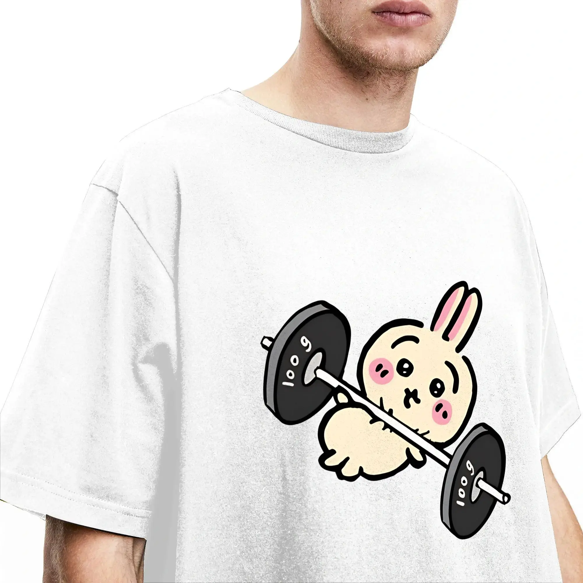 Usagi Chiikawas Gym Workout T-Shirt für Herren, Freizeit-T-Shirt aus reiner Baumwolle, Rundhalsausschnitt, kurzärmeliges T-Shirt, Geburtstagsgeschenk, Oberteile – Detail 5