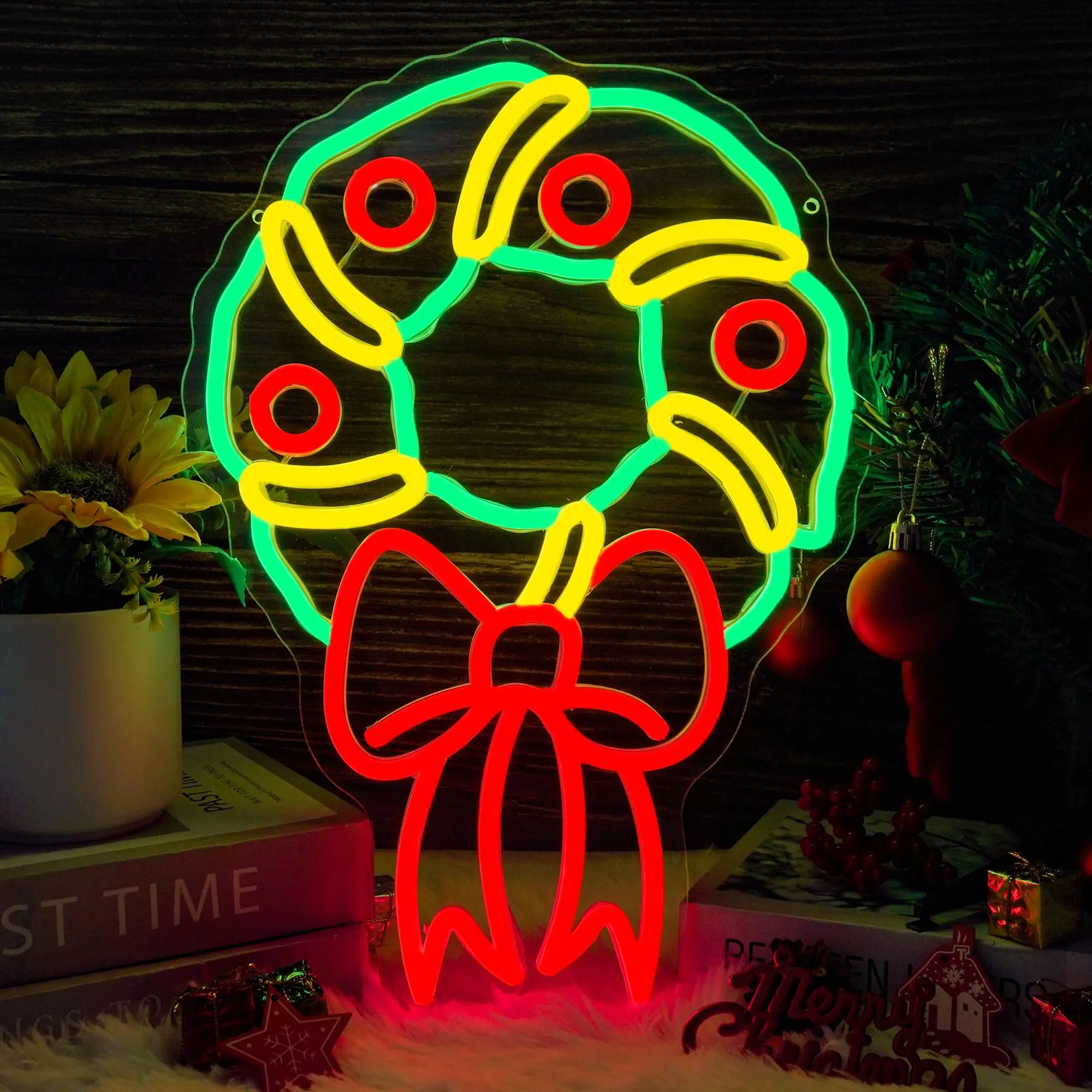 クリスマスリースボウネオンサイン調光可能ライトアップサイン壁装飾クリスマスお祝いホリデーテーマホームウィンドウドアパーティー