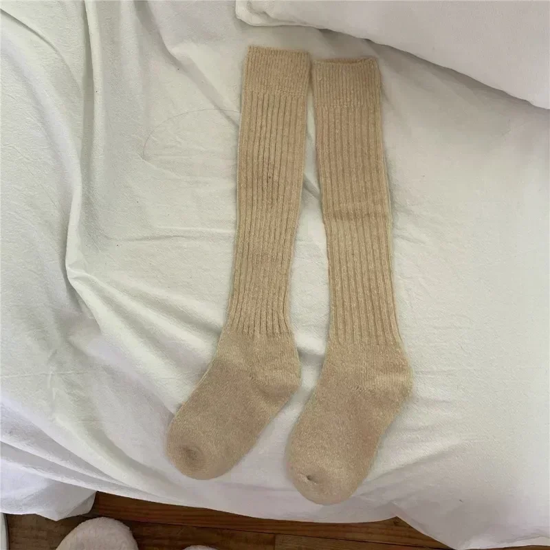 Women Long Socks Cashmere Women Boot Solid Wool Thigh Stocking Skinny Casual Cotton Over Knee-High Fluffy Female Long Knee Sock