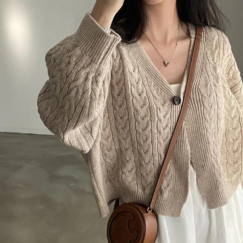 

V-neck Twist Short Cardigan Sweater Knitted Top 2025 Fall Autumn Women's Elegant Winter Loose Long Sleeve Casual Knitwear