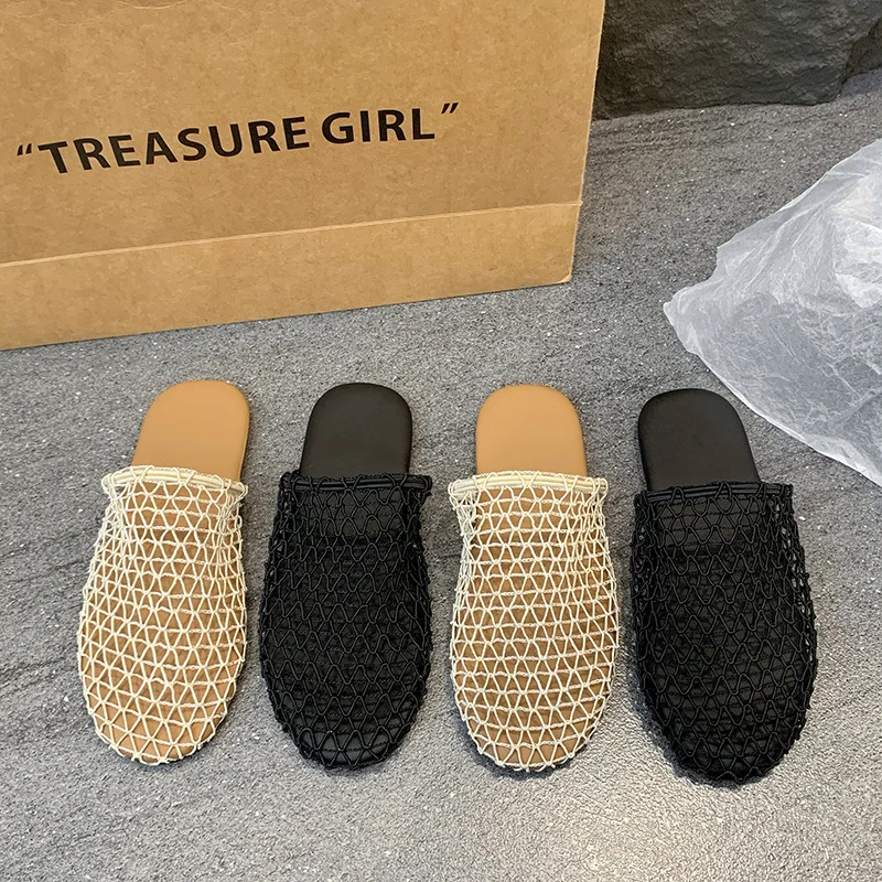 Mesh casual slippers for women 2025,Summer new arrival fashion plaid breathable toe-toe fishnet slippers woman