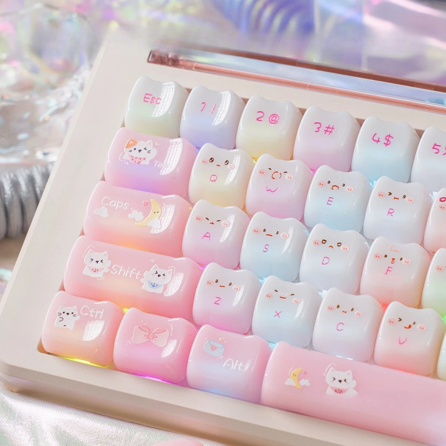 MAIMOOO Keycaps Cat Diary Jelly Glossy MAO PC Jade Grease Semi Transparent Pink White Keycaps