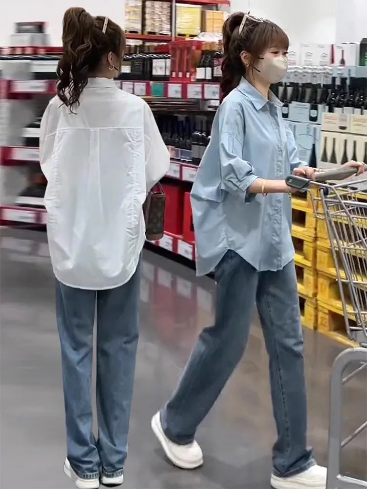 

Fashionable Casual White Shirt Women's Summer New Loose Cover Belly Top Thin Button up Korean Style Short Sleeve Blouse