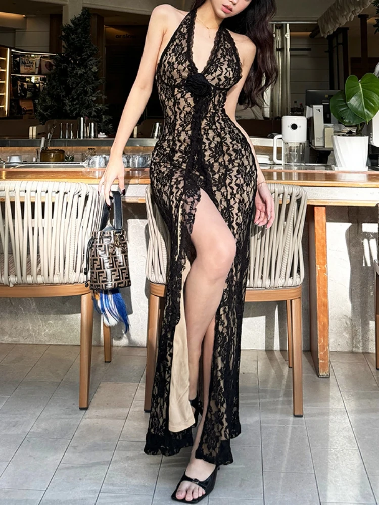 

Solid Long Dress For Women Clothing V-neck Vestidos De Mujer Backless One Piece Sexy Streetwear Neck-mounted Robe Longue Femme