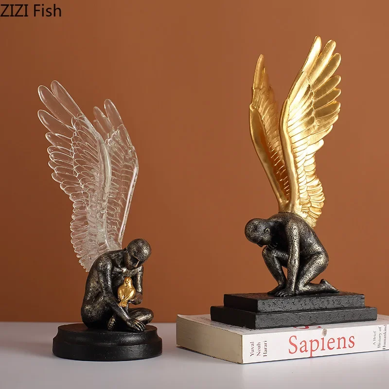 Golden Wing Silent Angel Figures Statue Desk Decoration Ornaments Abstract Character Resin Sculpture Room Aesthetic Decor