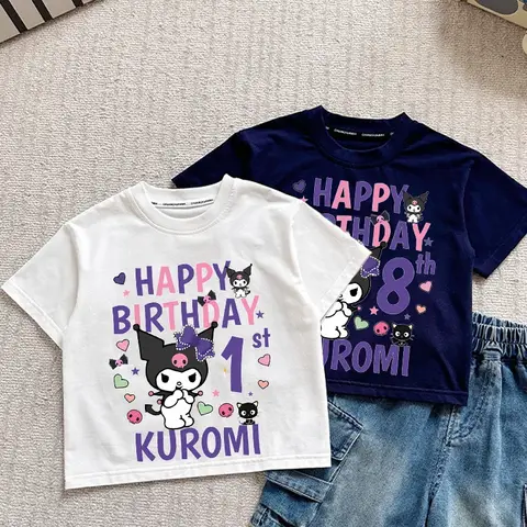 Kuromi Dziecięca Koszulka Urocza Sanrio Kreskówka Numer Cyfra Bawełniana Koszulka Krótki Rękaw Chłopiec Dziewczynka Luźne Ubrania Prezent Urodzinowy dla Dziecka