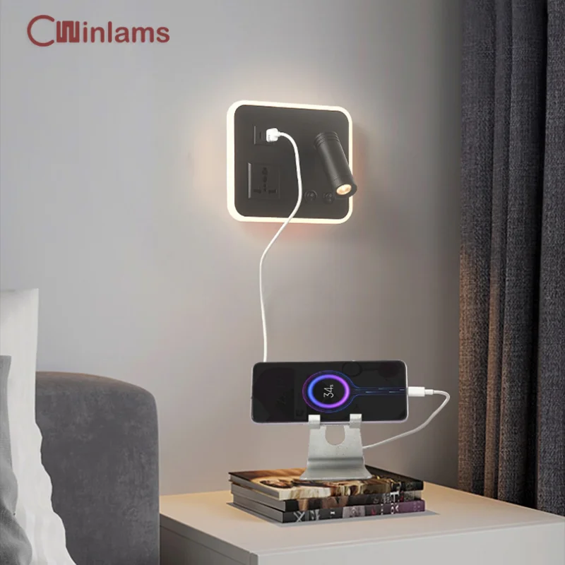 

Bedside Wall Lamp Bedroom LED Reading Light Switch USB Charger Port Rotatable Wall Sconce Wall Spotlight Living Room Fixture