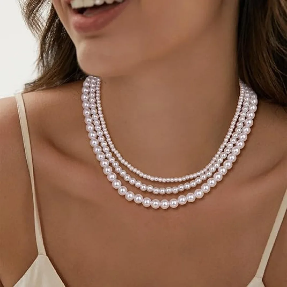1 Pack Multi-Size Round Imitation Pearl Necklace for Women, Single Strand Glossy ABS Faux Pearl Choker Collarbone Chain, Elegant Temperament Jewelry for Wedding Party Daily Mother’s Day Birthday Gift