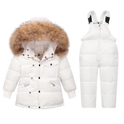 OLEKID 2025 Winter Children Clothing Set Real Fur Down Jacket For Girl Boy Parka Overalls Snowsuit 1-5 Years Kids Outerwear Coat