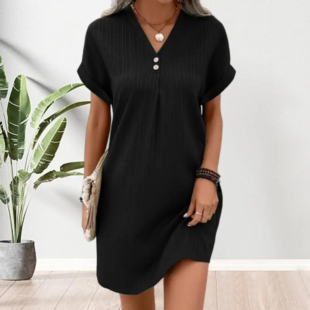 Summer Women Dress V Neck Button Short Sleeves Loose Solid Color Pullover Casual Daily Wear Dating Mini Dress