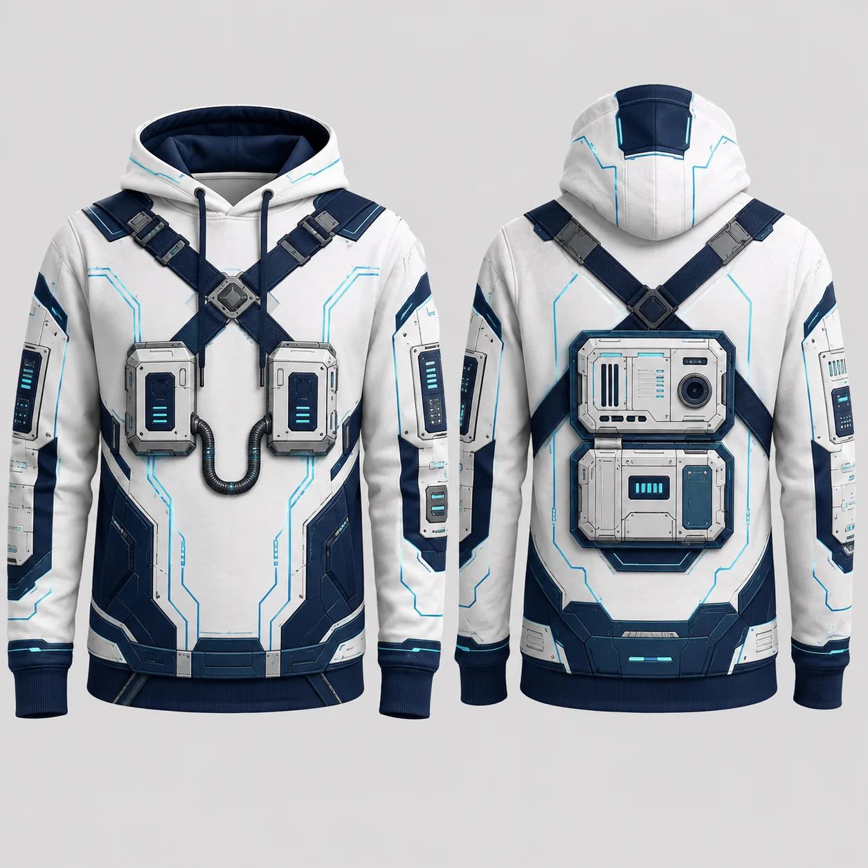 Futuristic Astronaut Hoodie Men White Navy 3D Sublimation Print Flat Graphic Pullover Sweatshirt Sci Fi Techwear