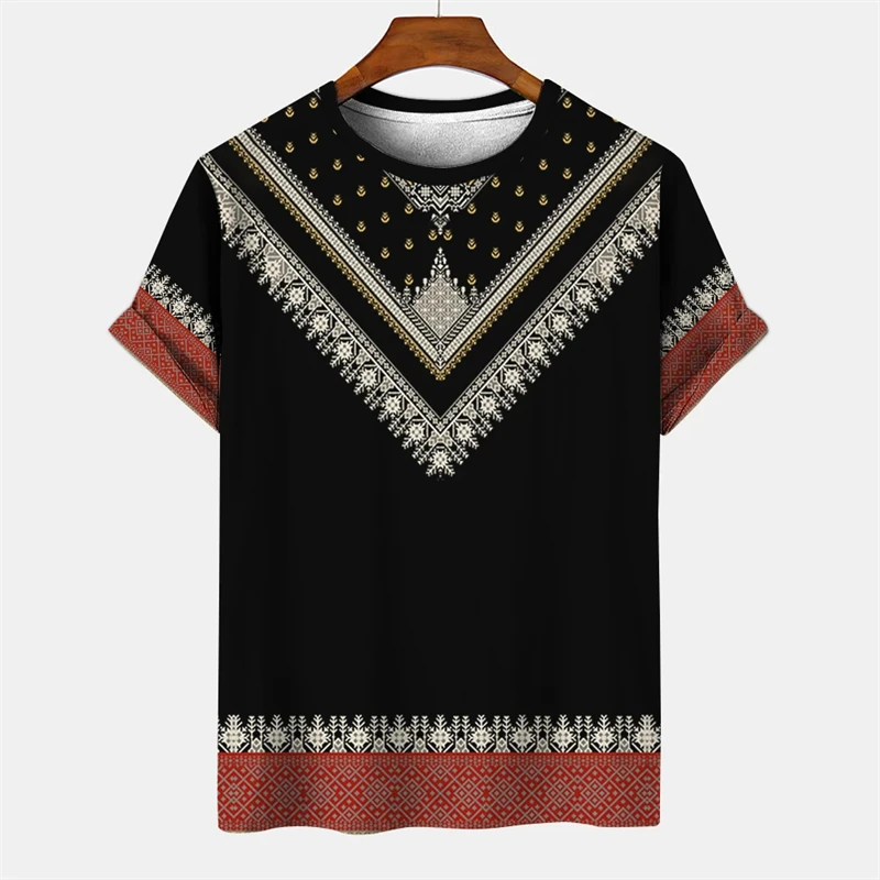 Summer Men\'s Vintage T-shirt African Tradition Stripe Printed Ethnic Style T Shirts Street O-Neck Short Sleeve Holiday Tees Tops